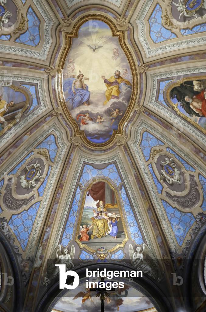 Saint-Grat church, Ceiling painting, Holy Trinity, The Father, Jesus and Holy Spirit, Valgrisenche, Italy (photo)