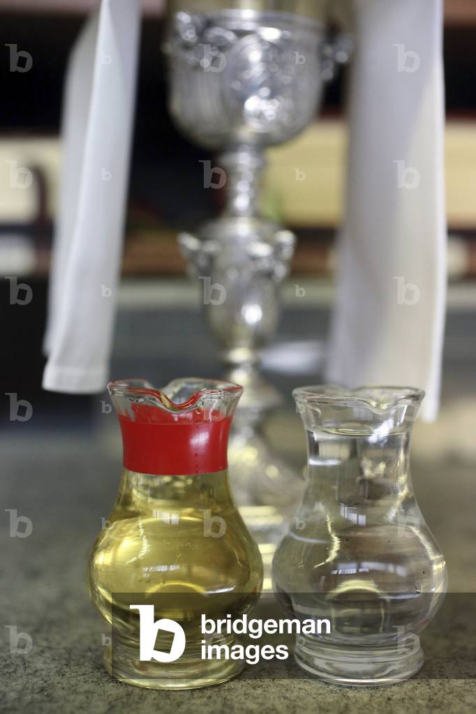 Ars-sur-Formans, Ain, France - Ars-sur-Fromans. Sanctuary-Shrine of Jean-Marie Vianney (the Cure d'Ars). Sacrisrty. Water and Wine Cruets.