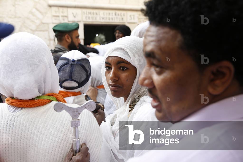 Good Friday coptic Ethiopian christian procession on the Via Dolorosa, Jerusalem, Israel. (photo)