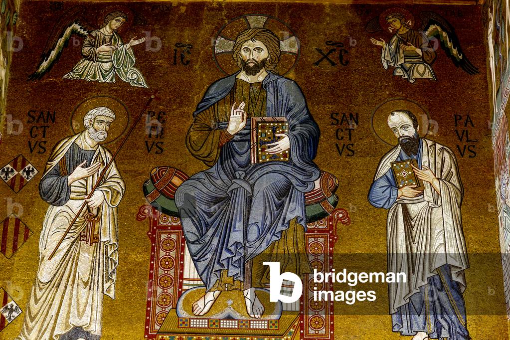 Palatine chapel, Palermo, Sicily, Italy. Jesus pantocrator surrounded by Saint Peter and Saint Paul. (photo)