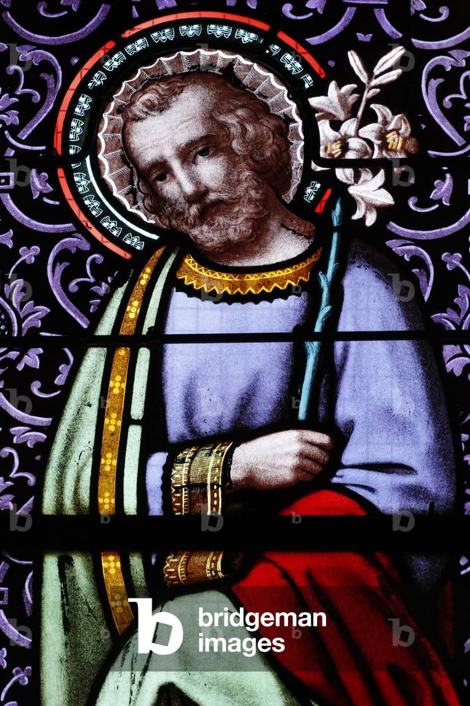 Saint Martin church.  Stained glass window. Saint Joseph.  Villaz. France.