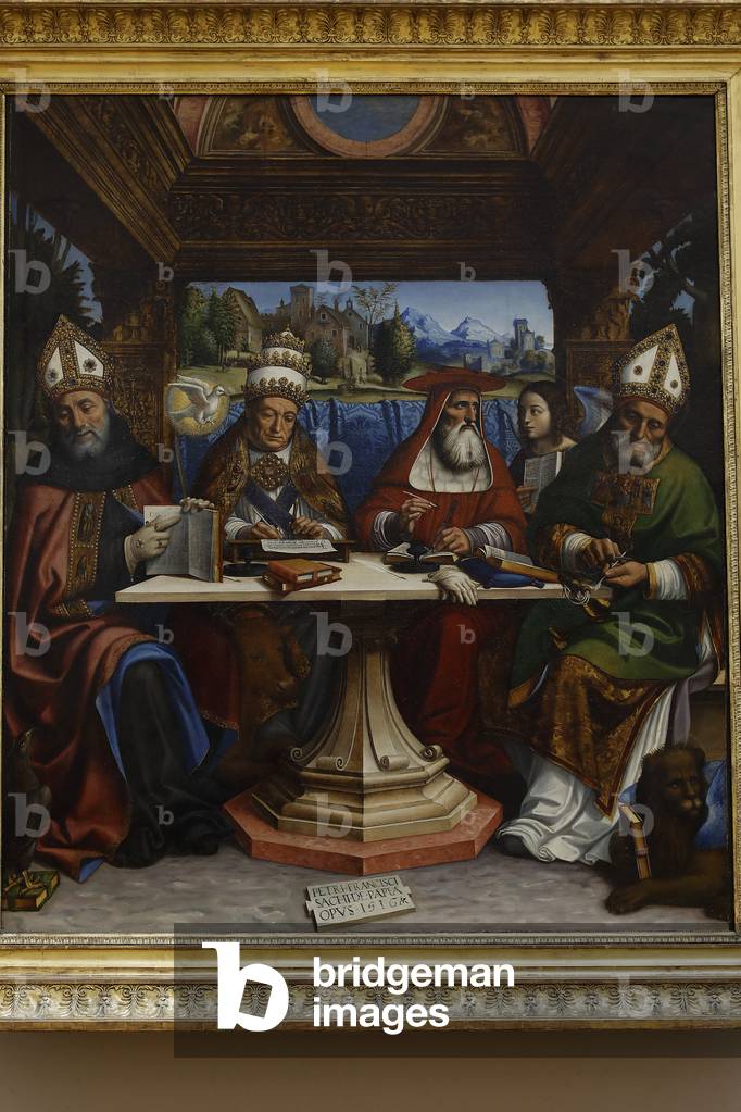 Louvre museum, Paris, France. Pier Francesco Sacchi, The Four Doctors of the Church, painting on panel, 1516