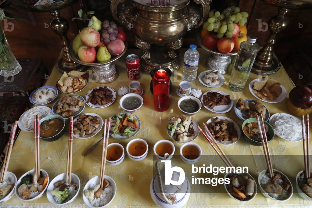 Tu An Buddhist temple. Ancestor altar. Vegetarian offerings.  France.