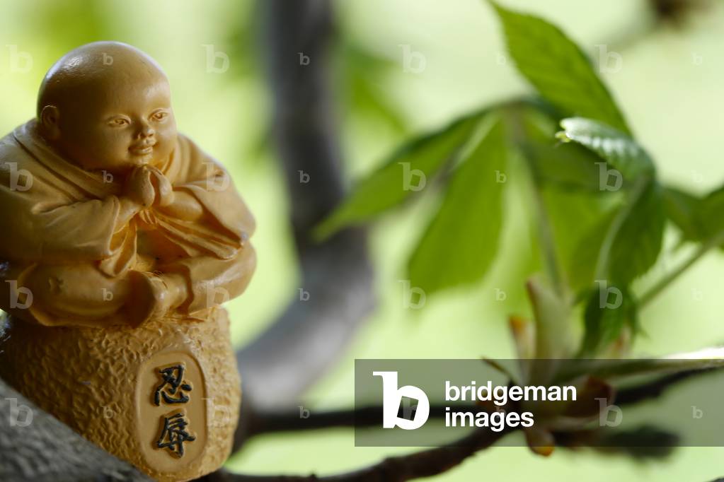 Buddhist monk figurine in a tree, France, 2020 (photo)