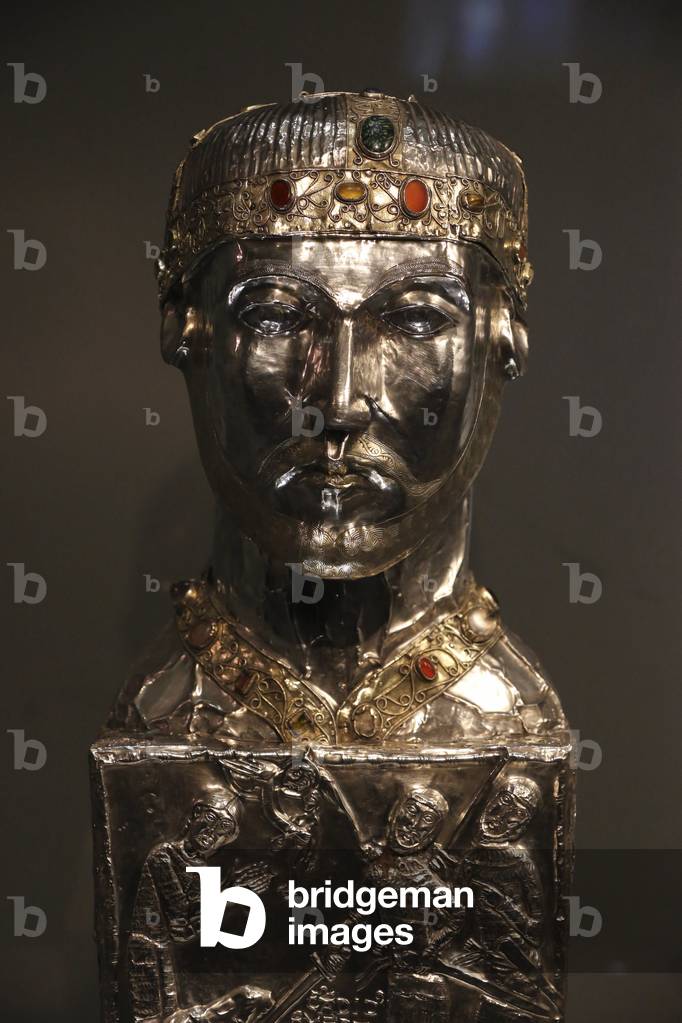 Saint-Maurice, Valais, Switzerland, le 16/9/2015 - Saint-Maurice d'Agaune abbey. Head reliquary of Saint Candidus. 12 th century.