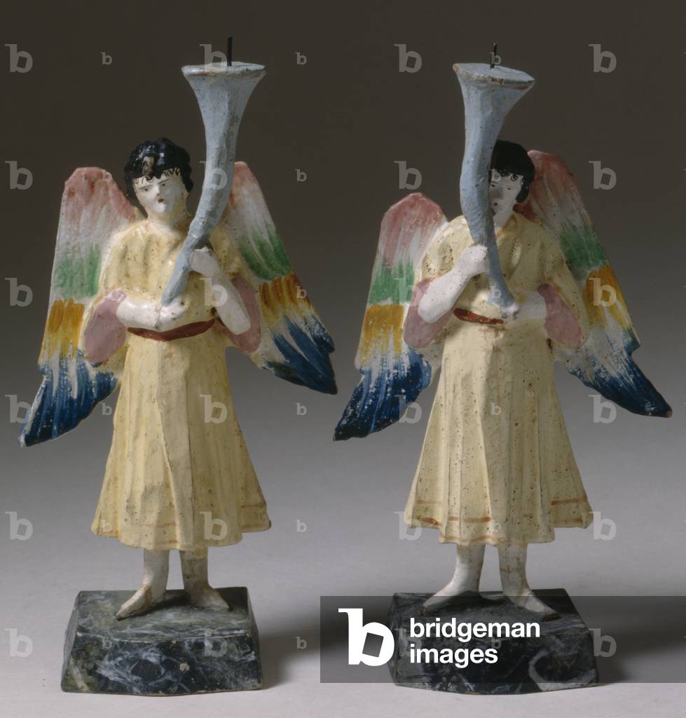 Two candle holders in the shape of angels (painted wood)