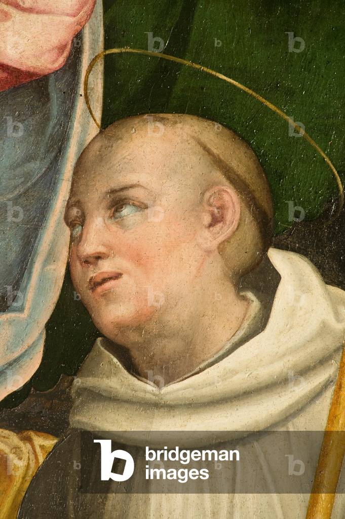 Madonna and Child Jesus enthroned between Saint Benedict and Saint Bernard (detail), c.1547-1549 (oil on board)