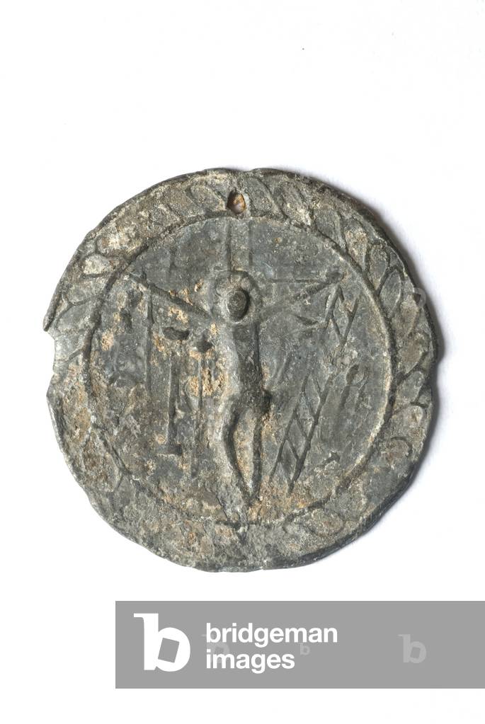 Jesus Christ crucified with instruments of martyrdom; Monogram of Jesus Christ (IHS), c.1427-1427 (lead)