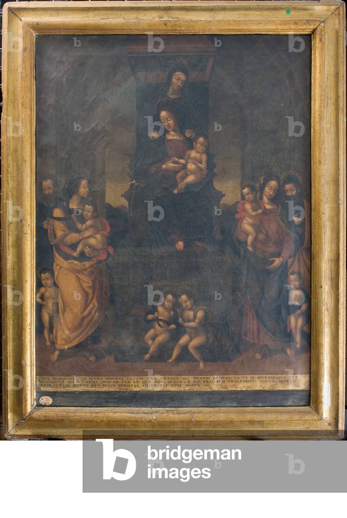 Madonna with Infant Jesus Enthroned, St. Anne, St. Joseph, Joseph the Just, Mary of Cleofe, St. James Minor, Mary of Salome, St. John the Evangelist, St. James Major, St. Joachim, St. Simon Apostle, Saint Jude Thaddeus., c.1550-1600 (oil on canvas)