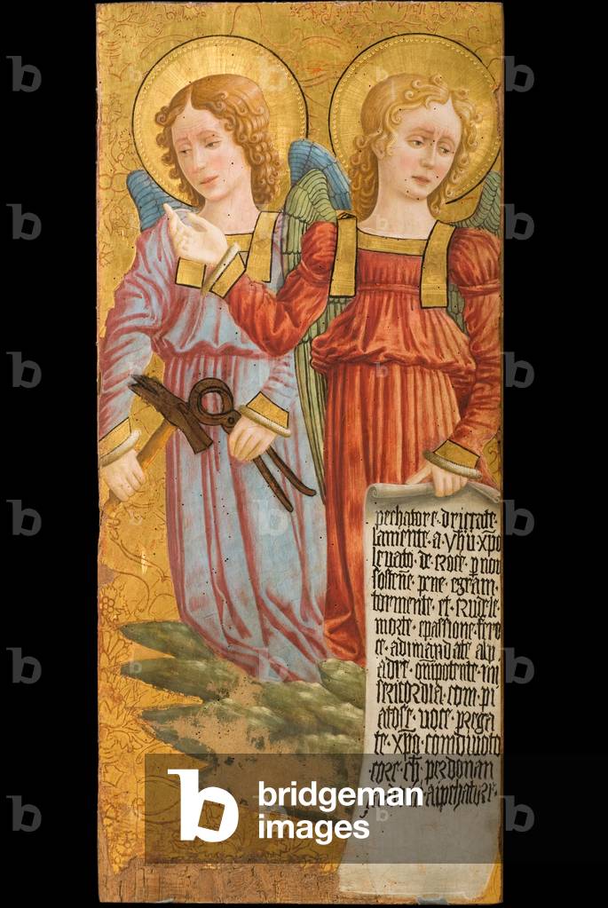 Angels with cartouche and instruments of passion, c.1470-1475 (gouache on board)
