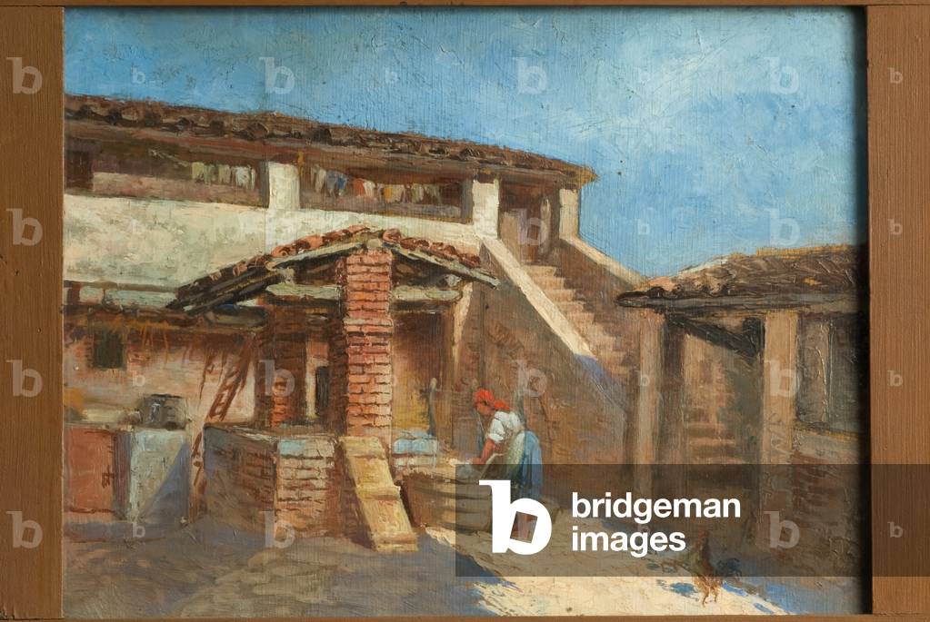 Peasant woman in front of farmhouse, c.1900-30 (oil on plywood)