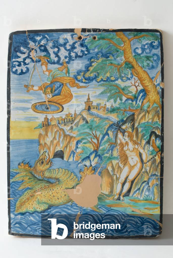 Perseus frees Andromeda, c.1500-1599 (painted majolica)