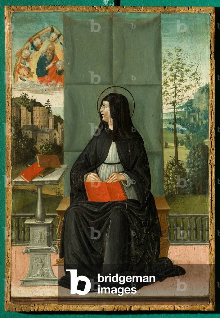 Saint Brigid writing inspired by God, detail, c.1500-30 (tempera on panel)