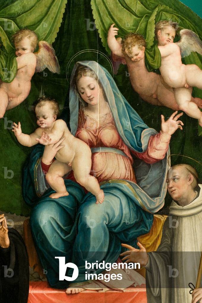 Madonna and Child Jesus enthroned between Saint Benedict and Saint Bernard (detail), c.1547-1549 (oil on board)