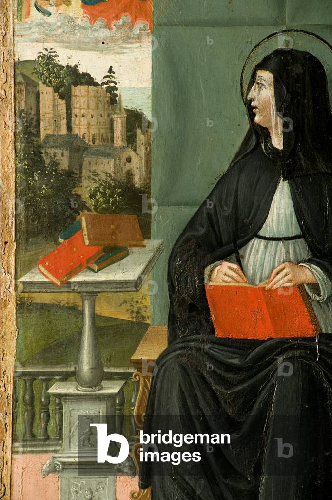 Saint Brigid writing inspired by God, detail, c.1500-30 (tempera on panel)