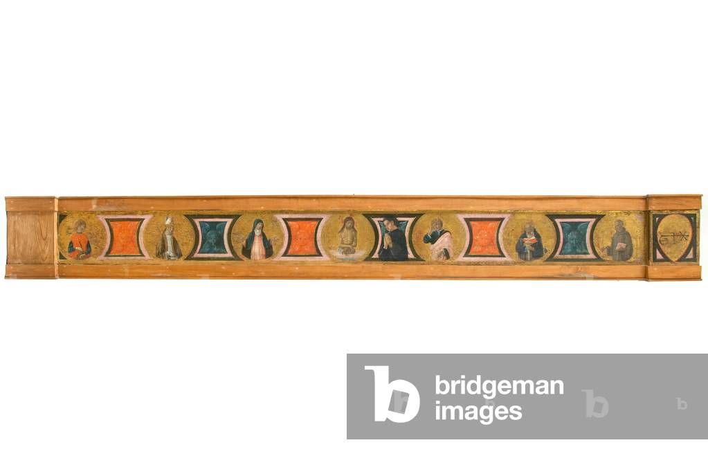 Jesus Christ dead; Madonna dolente; saint bishop; Saint Sebastian; Saint John the Evangelist; Saint Anthony Abbot; Saint Bernardino of Siena; Seraphim, c.1470-1500 (tempera on table)