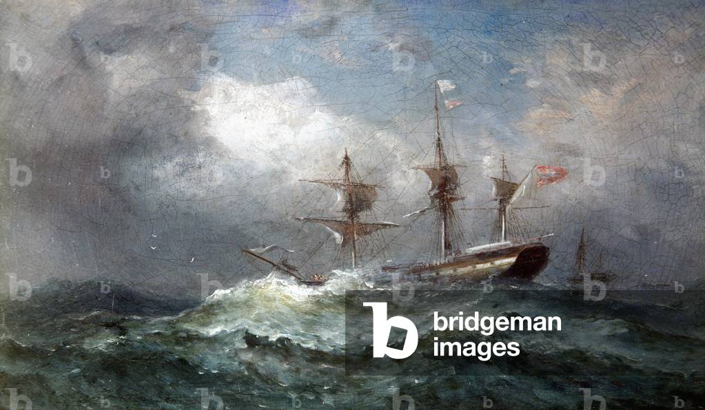 Ship in distress, hove to (oil on canvas)