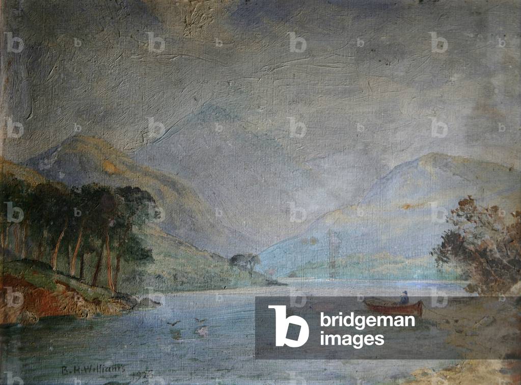 Untitled (mountain scene with lake) (oil on board)