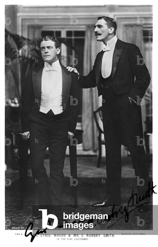 Cyril Maude as Lieutenant Richard Lascelles and C Aubrey Smith as Major Thesiger in ' The Flag Lieutenant ' at The Playhouse, 1908