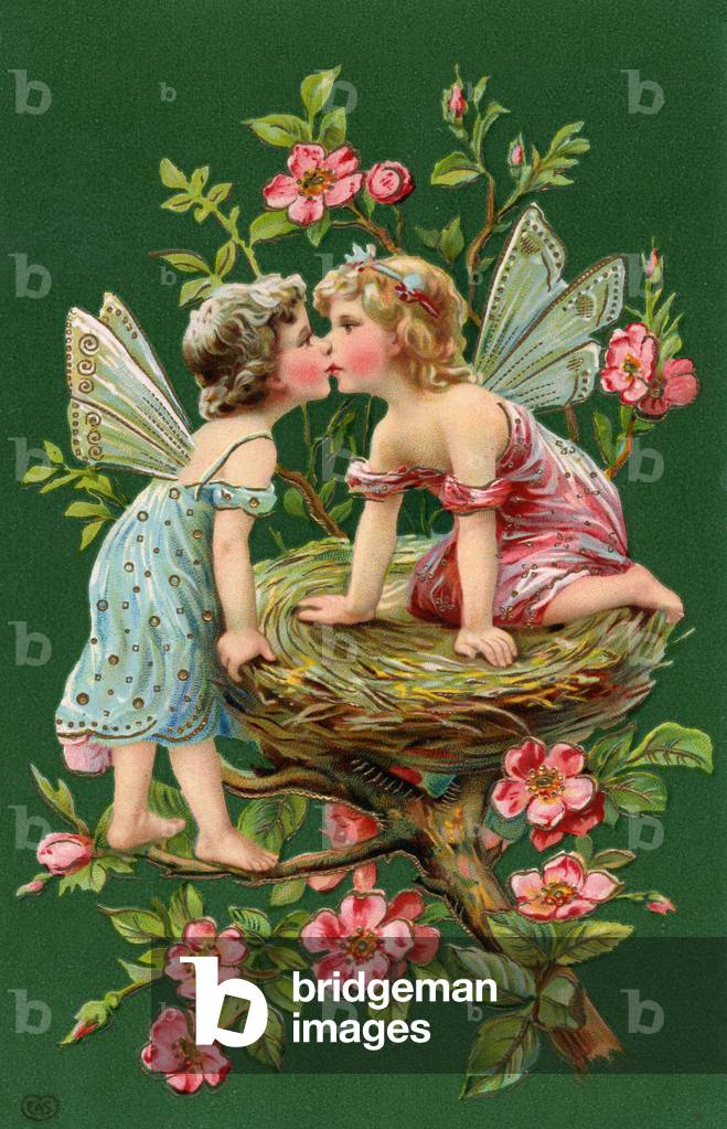 Two Fairies Kissing in a Nest, 1905 (chromolitho)