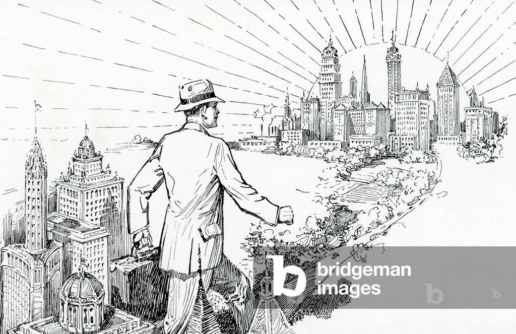 Guide to Selling - Salesman Travels Between Cities, 1928 (engraving)