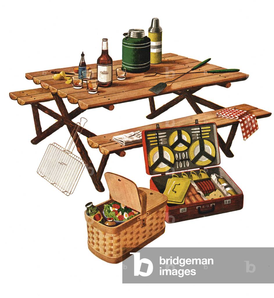 Vintage Illustration of a Picnic Table with Picnic Basket and Dish Set, 1946 (screenprint)