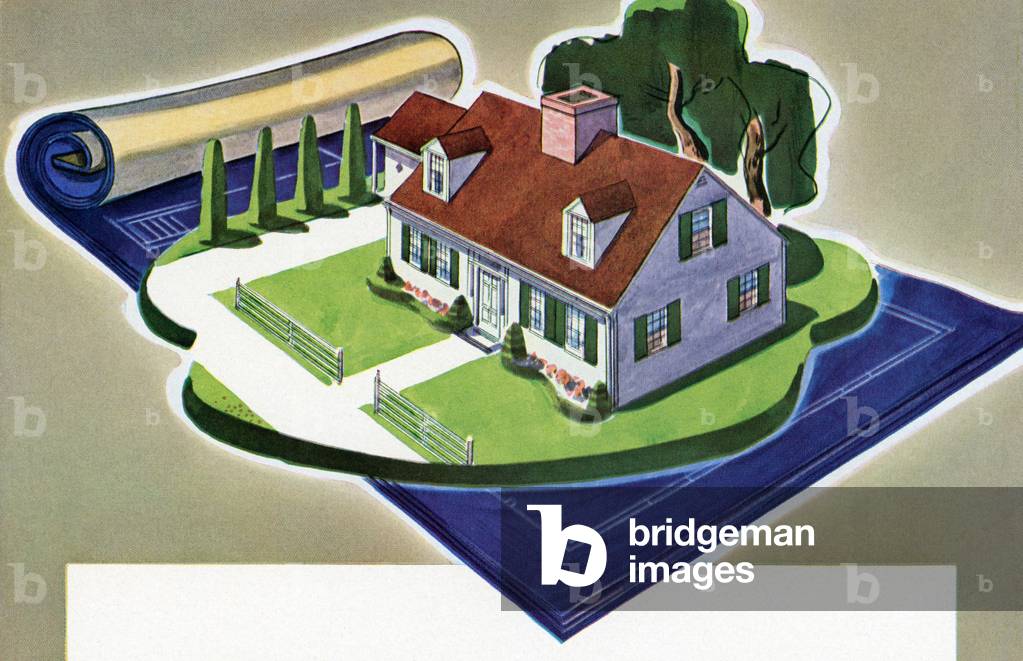 1940s Dream Home Set on an Unfurling Set of Blueprints, 1944 (screen print)