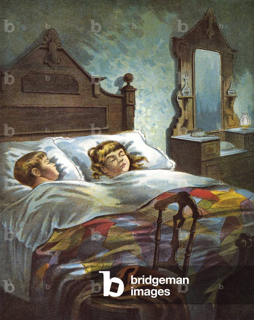Boy and Girl are 'Snug in Their Bed' on Christmas Eve, 1918 (lithograph)