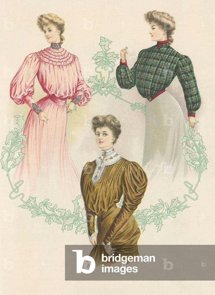 Victorian Fashion Plate of Three Women in Dresses with Very Small Waists, 1904 (chromolithograph)