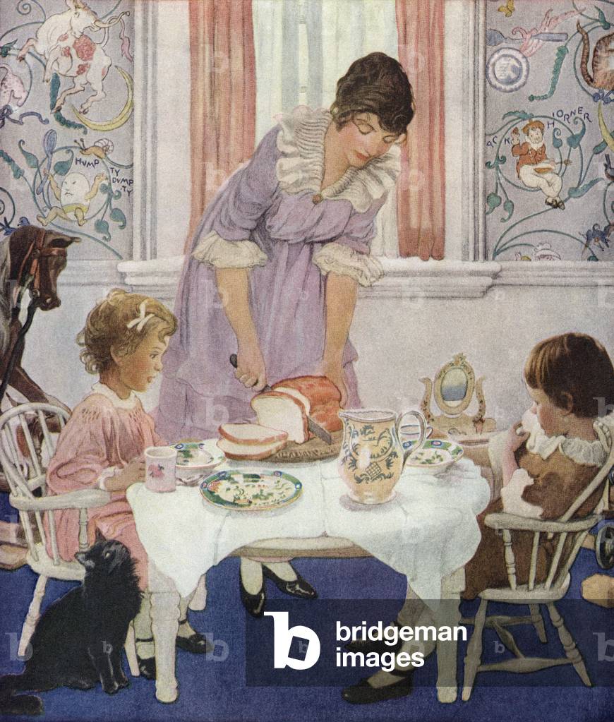 Mother Slicing Bread for Her Children, 1920 (screen print)
