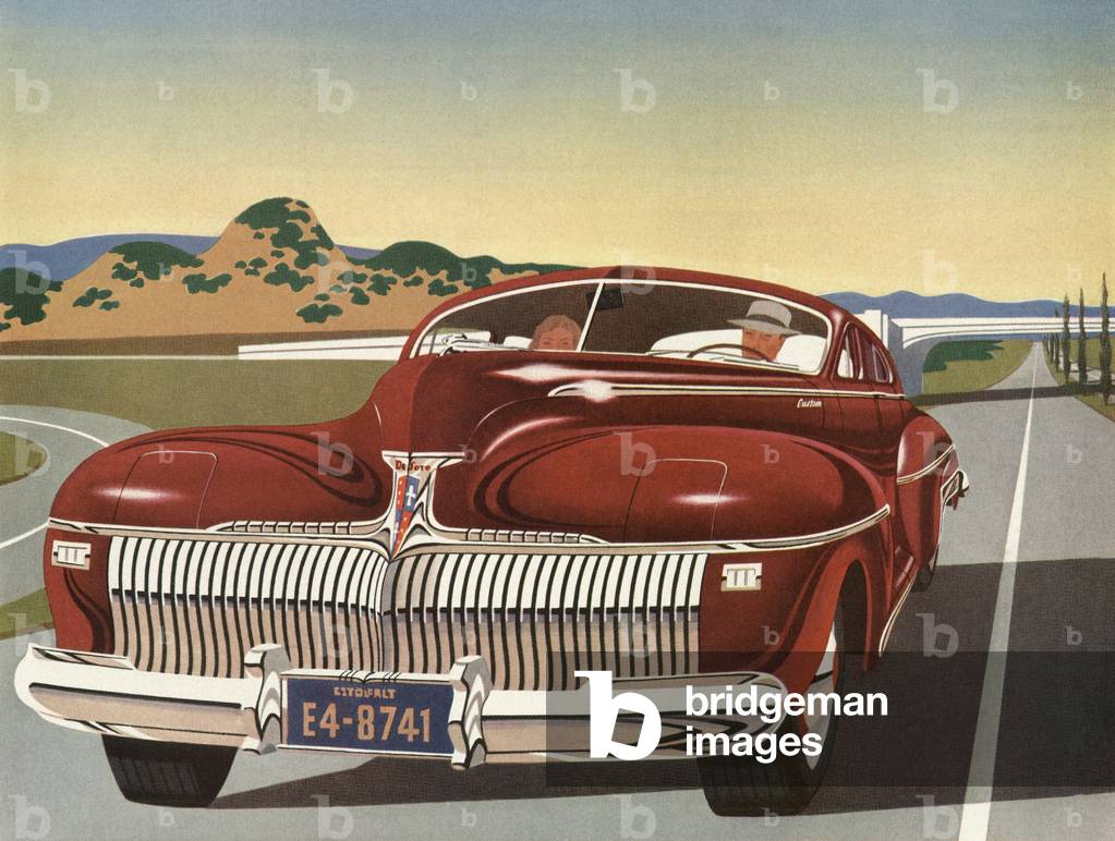 Vintage 1940s Illustration of a Couple Driving in a New Sedan on the Freeway, 1944 (colour litho)