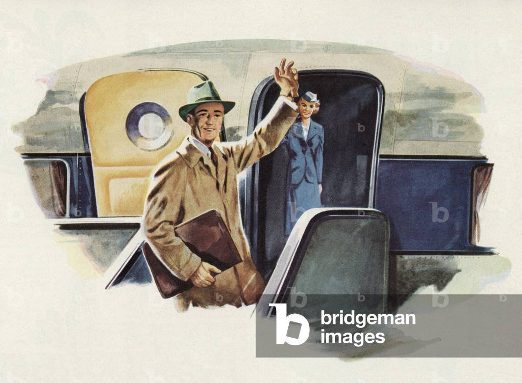 Man Waves Goodbye as He Boards an Airplane, 1948 (screen print)