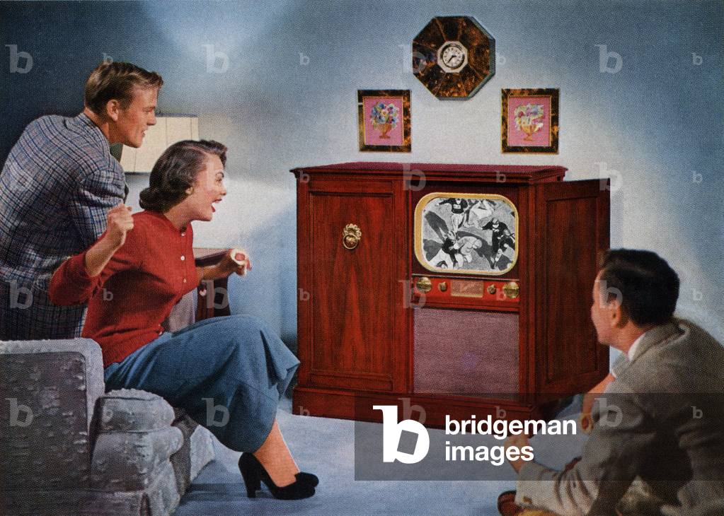 Family Watching Football on Television, 1953 (screen print)