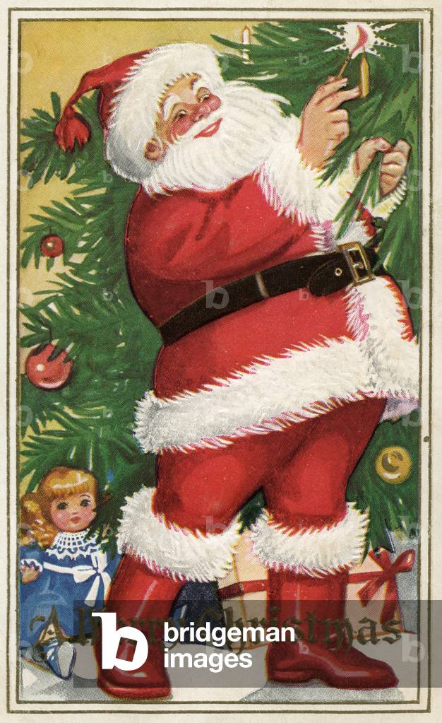 Santa Lighting Candles on a Christmas Tree, 1915 (screen print)