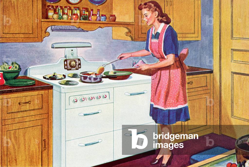 1940s Homemaker Cooking Dinner in Her Dream Kitchen, 1944 (screen print)