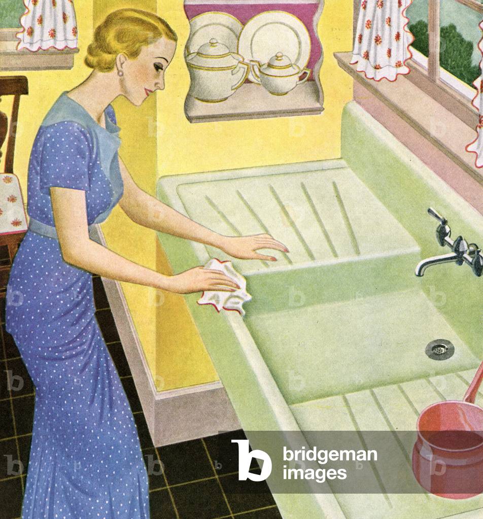 Housewife Cleaning Kitchen Sink, 1931 (screen print)