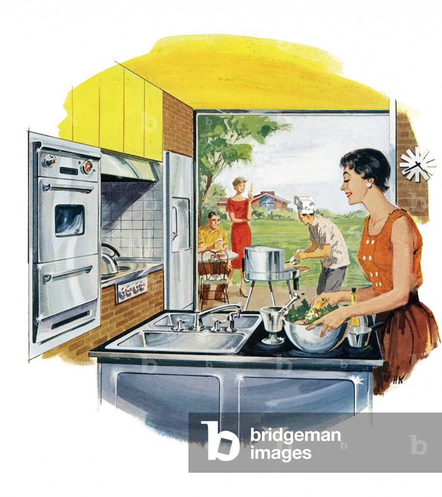 Housewife in her Kitchen Mixing Salad, While her Husband Grills Dinner Outside, 1957 (screenprint)