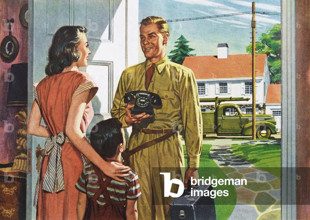 Utility Worker Delivering a New Telephone To a Mother and Son, 1950 (screen print)