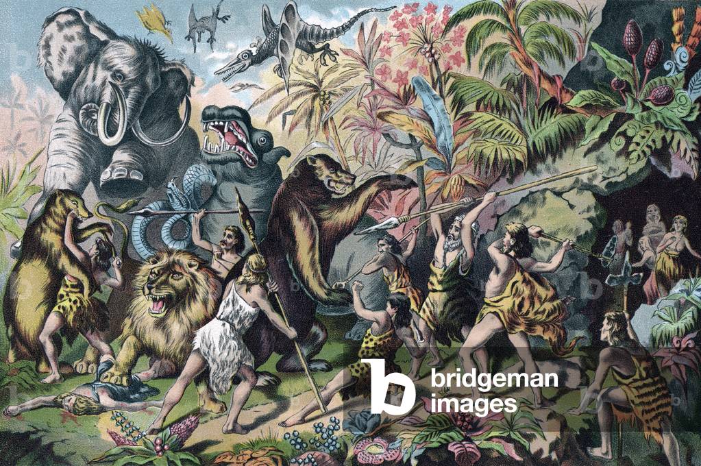 Prehistoric Man Battling Ferocious Animals, 1906 (chromolithograph)