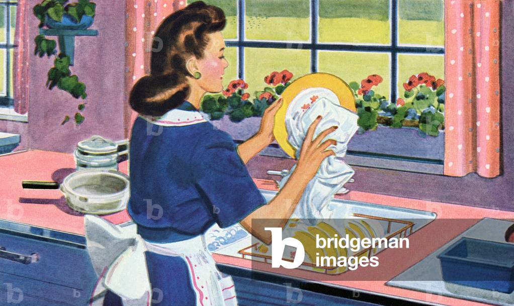 1940s Homemaker Washes Dishes in Her Dream Kitchen, 1944 (screen print)