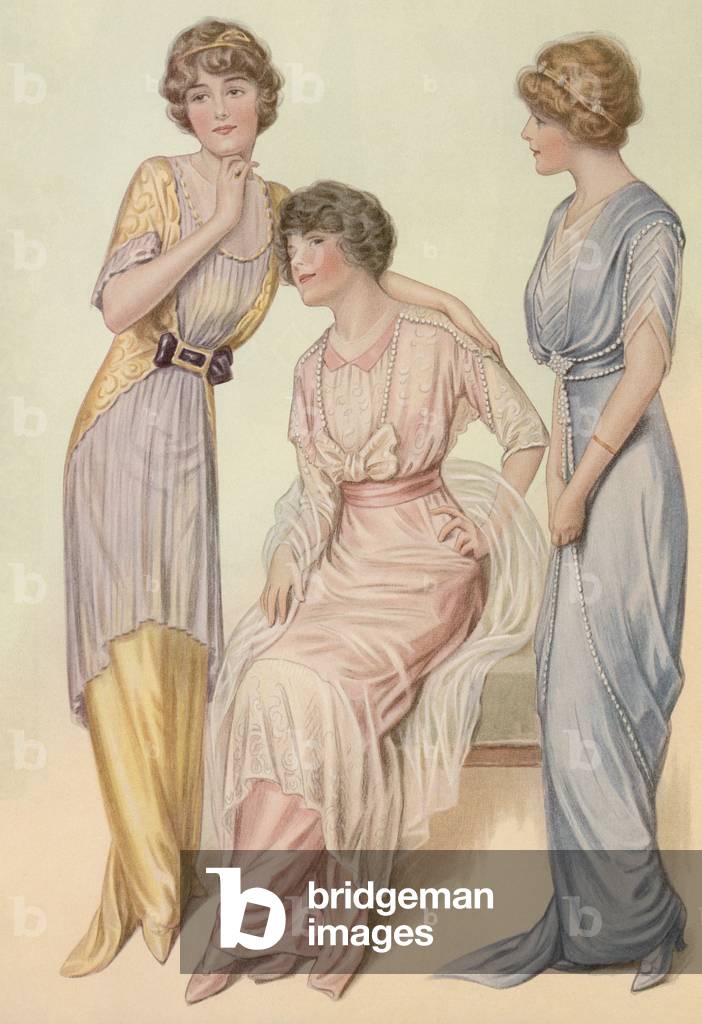 Fashion Plate of Three Victorian Beauties in Evening Gowns by Augusta Reimers, 1920s (colour litho)