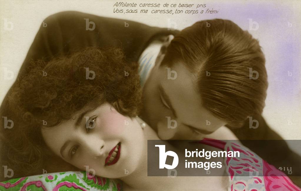 Frenchman Kissing a Woman Passionately on the Neck, 1922 (colourised b/w photo)
