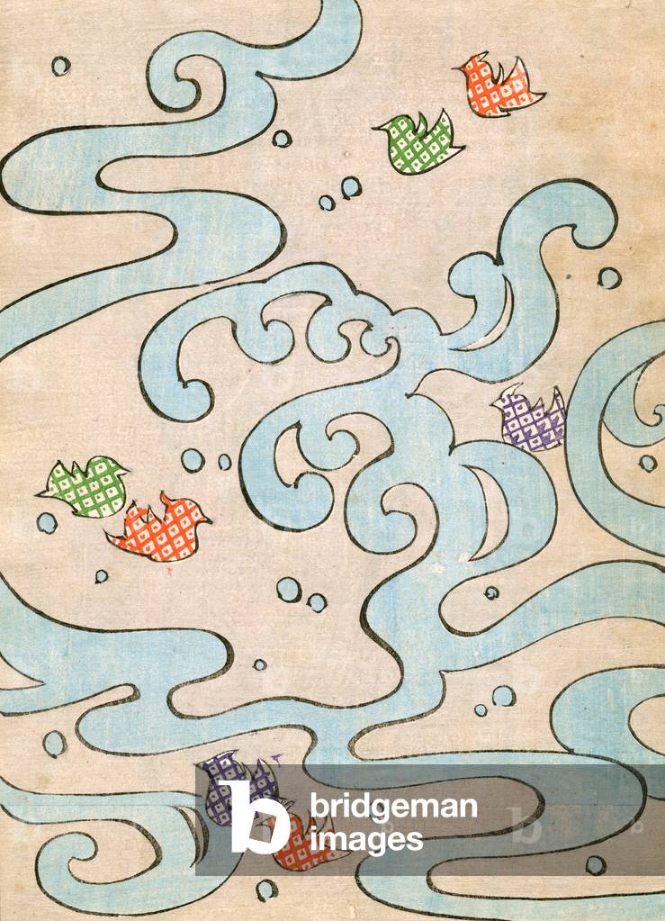 colour woodblock print of Stylized Birds Flying Over Water, 1882 (colour woodblock print)