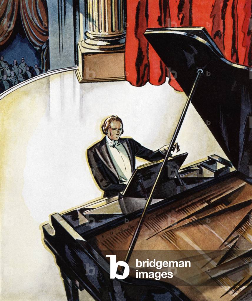 Concert Pianist Performing on a Grand Piano, 1929 (colour litho)