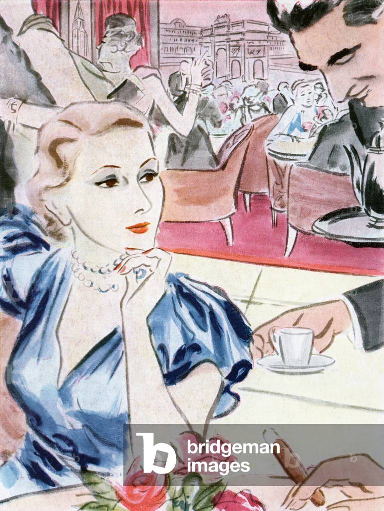 Woman in a Paris Restaurant Being Served Espresso, 1939 (screenprint)