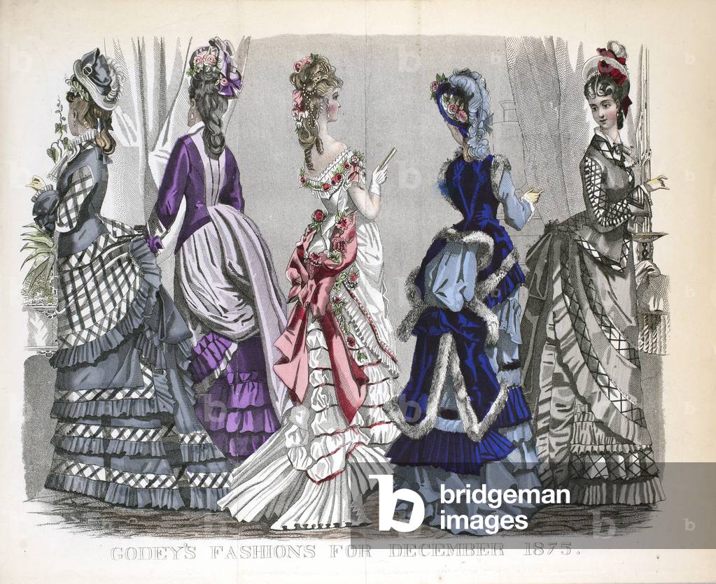 Victorian Women in Winter Fashions, 1875 (hand-colored engraving)