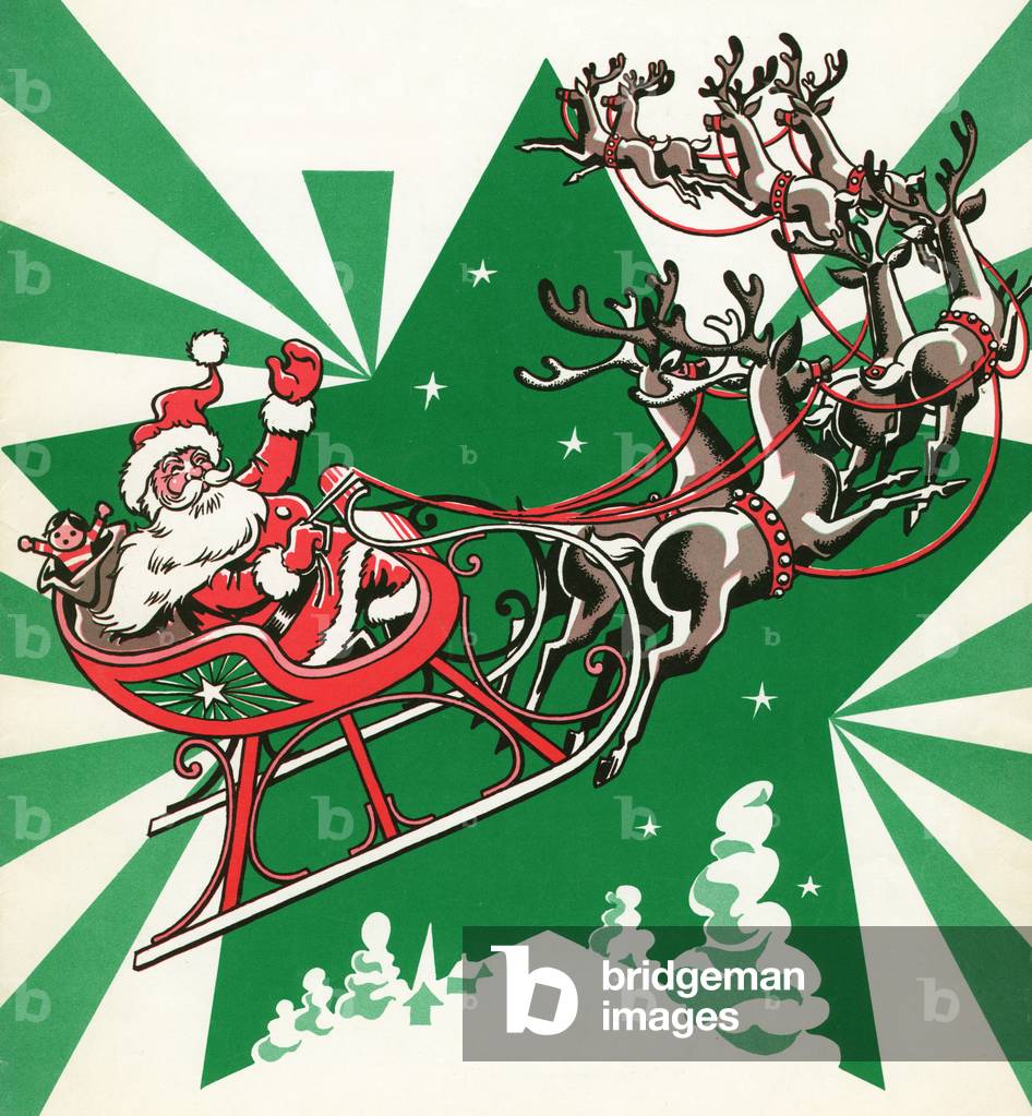Santa Flying with His Reindeer, 1930s (litho)