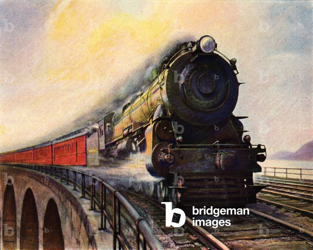 Illustration of Steam Engine Speeding over Bridge, c.1920 (print)