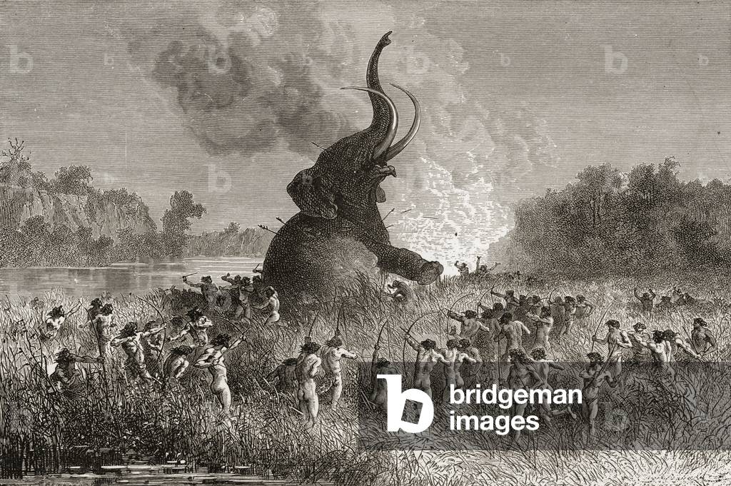 Prehistoric Man Hunting Mammoth, 1896 (engraving)