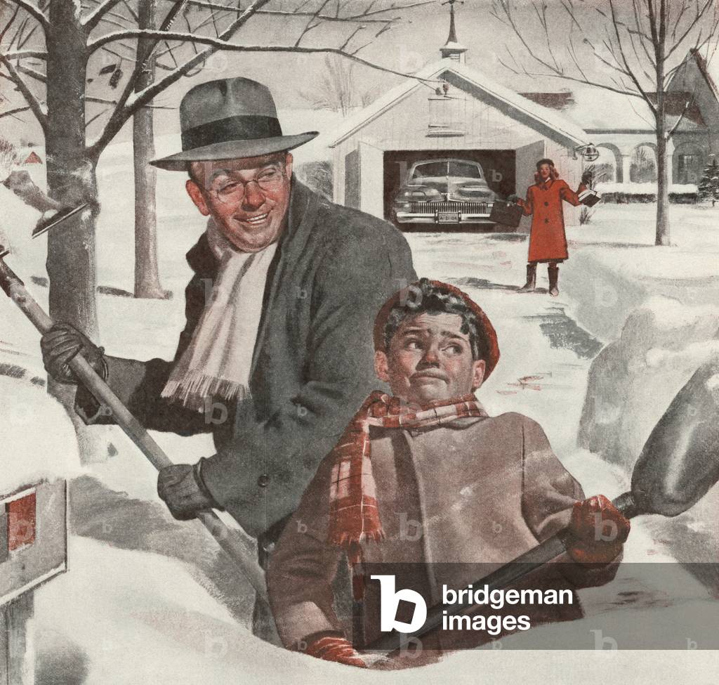 Father and Son Shovelling Snow in Their Driveway, 1945 (screen print)